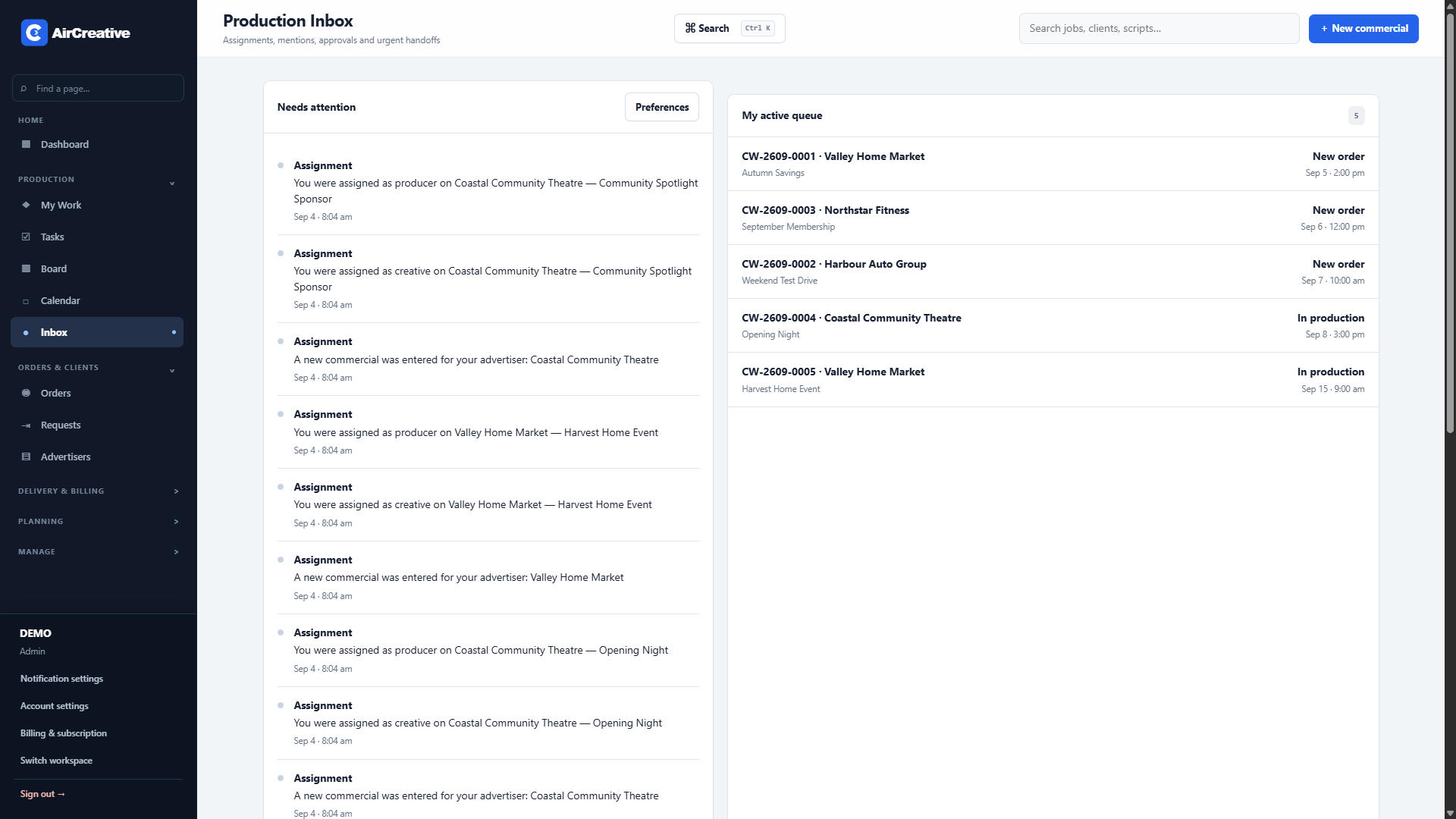 AirCreative Production Inbox demo with assignments and active work