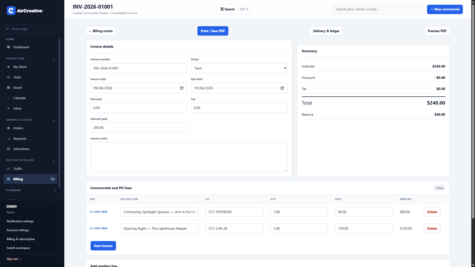 AirCreative demo consolidated invoice details